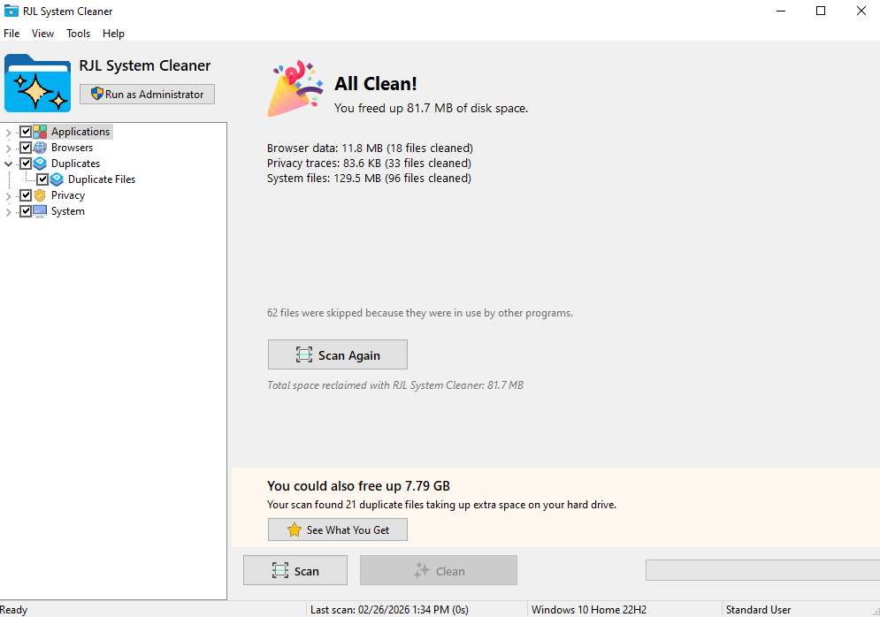 RJL System Cleaner All Clean screen reporting 81.7 MB freed across browser data, privacy traces, and system files, with a secondary card showing 7.79 GB more space is recoverable by removing duplicate files